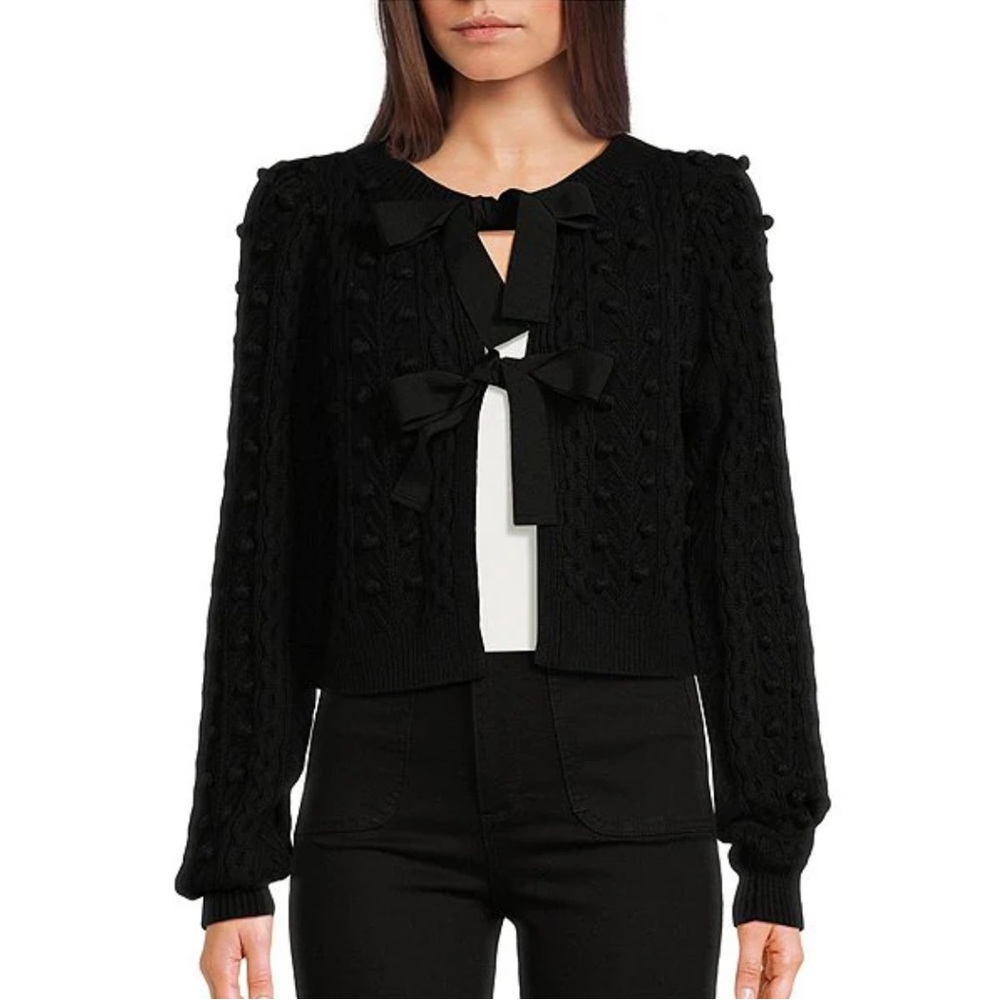 A Loves A  Long Sleeve Bow Tie Contrasting Pom Pom Cardigan